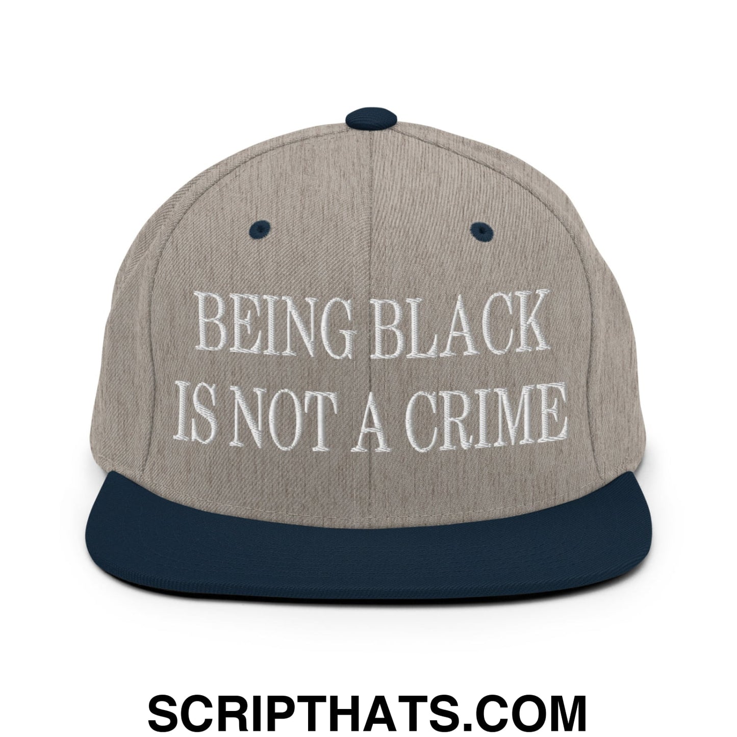 Being Black is not a Crime Embroidered Flat Bill Brim Snapback Hat Heather Grey Navy