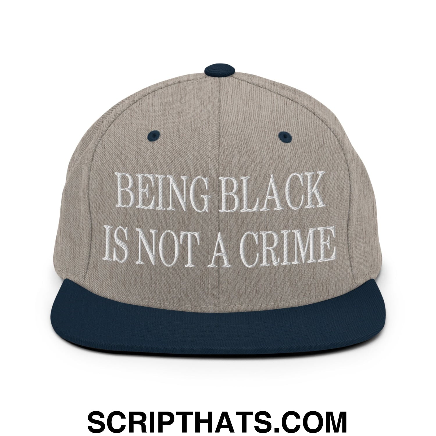 Being Black is not a Crime Embroidered Flat Bill Brim Snapback Hat Heather Grey Navy