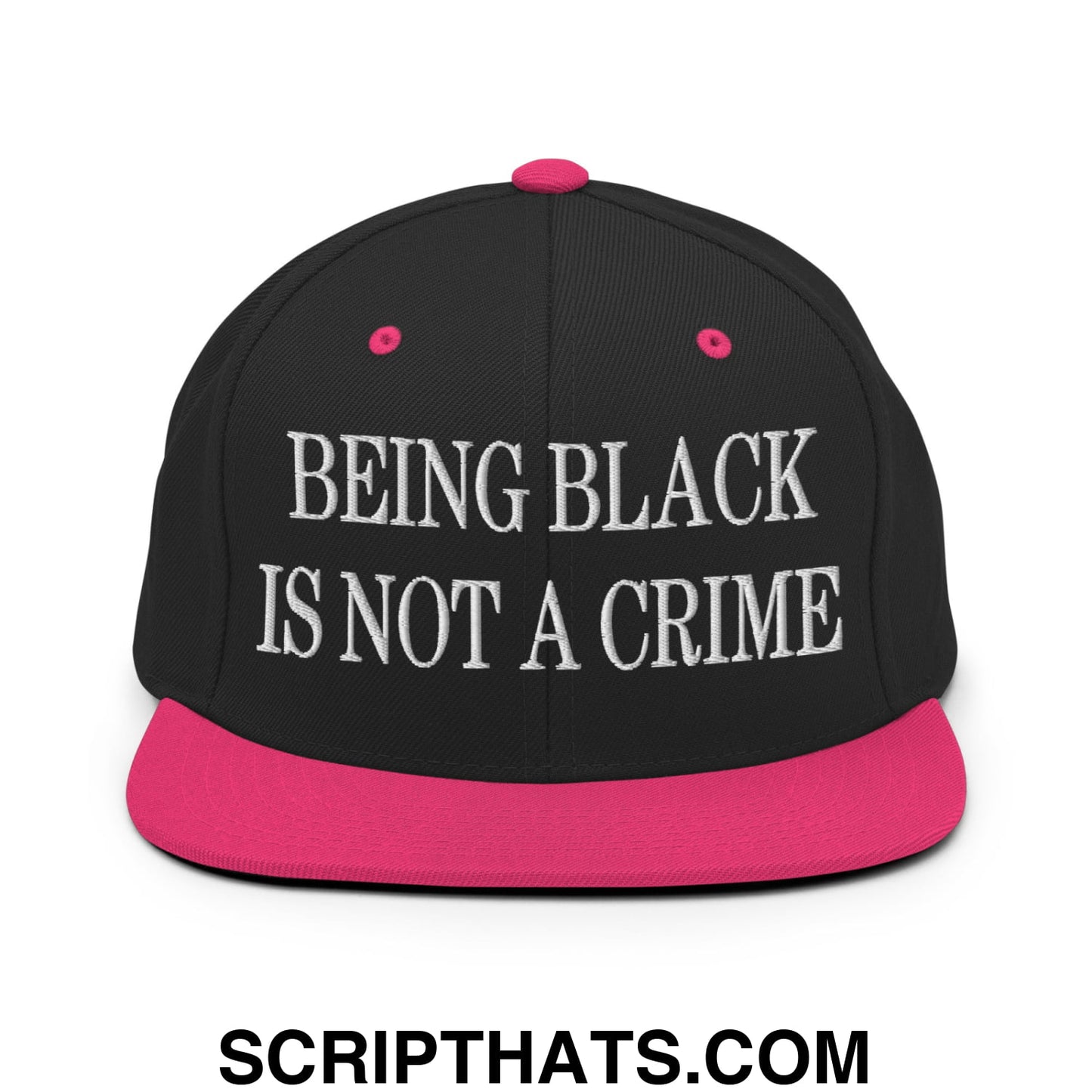 Being Black is not a Crime Embroidered Flat Bill Brim Snapback Hat Black Neon Pink
