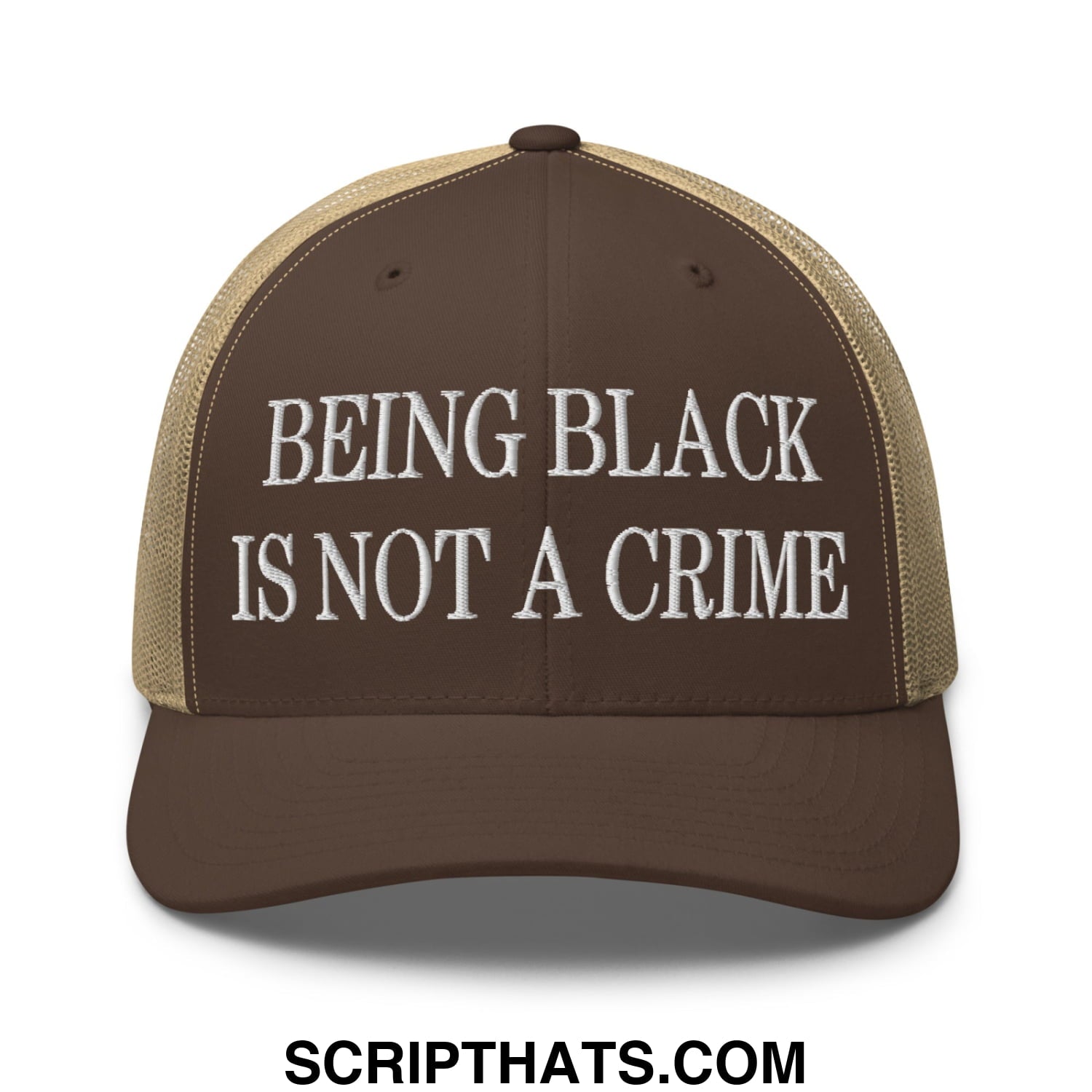 Being Black is not a Crime Embroidered Mesh Trucker Hat Brown Khaki