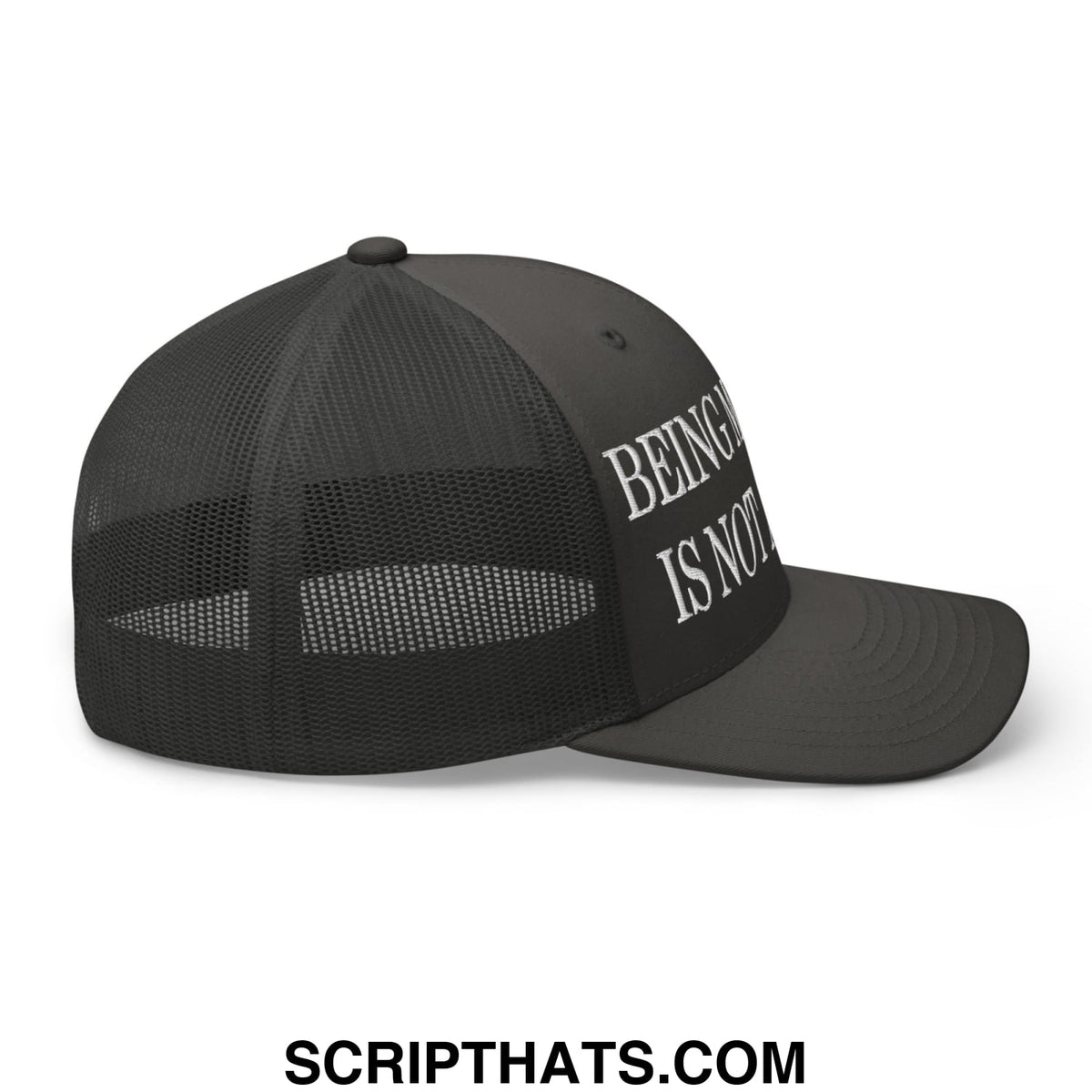 Black mesh trucker hat with white embroidered being mexican is not a crime text on the side