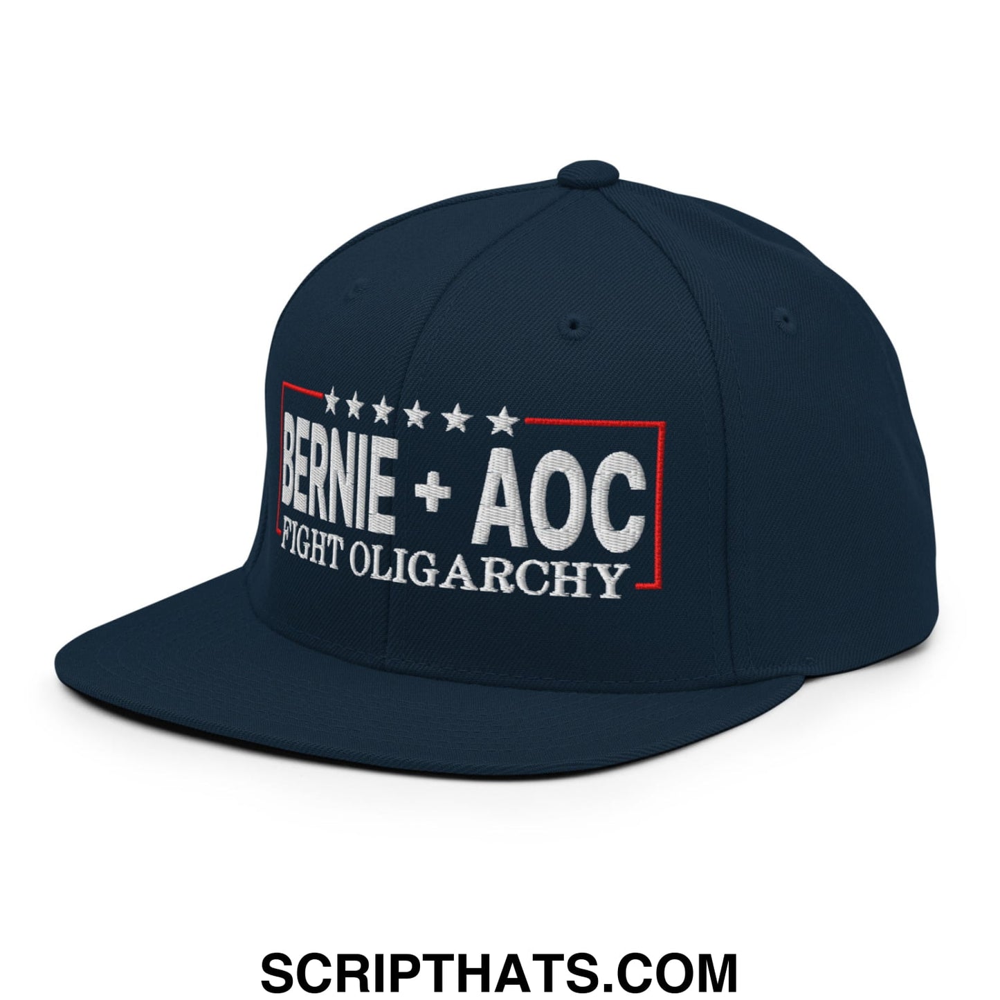 Bernie + AOC Fight Oligarchy Embroidered Flat Bill Brim Snapback Hat Dark Navy