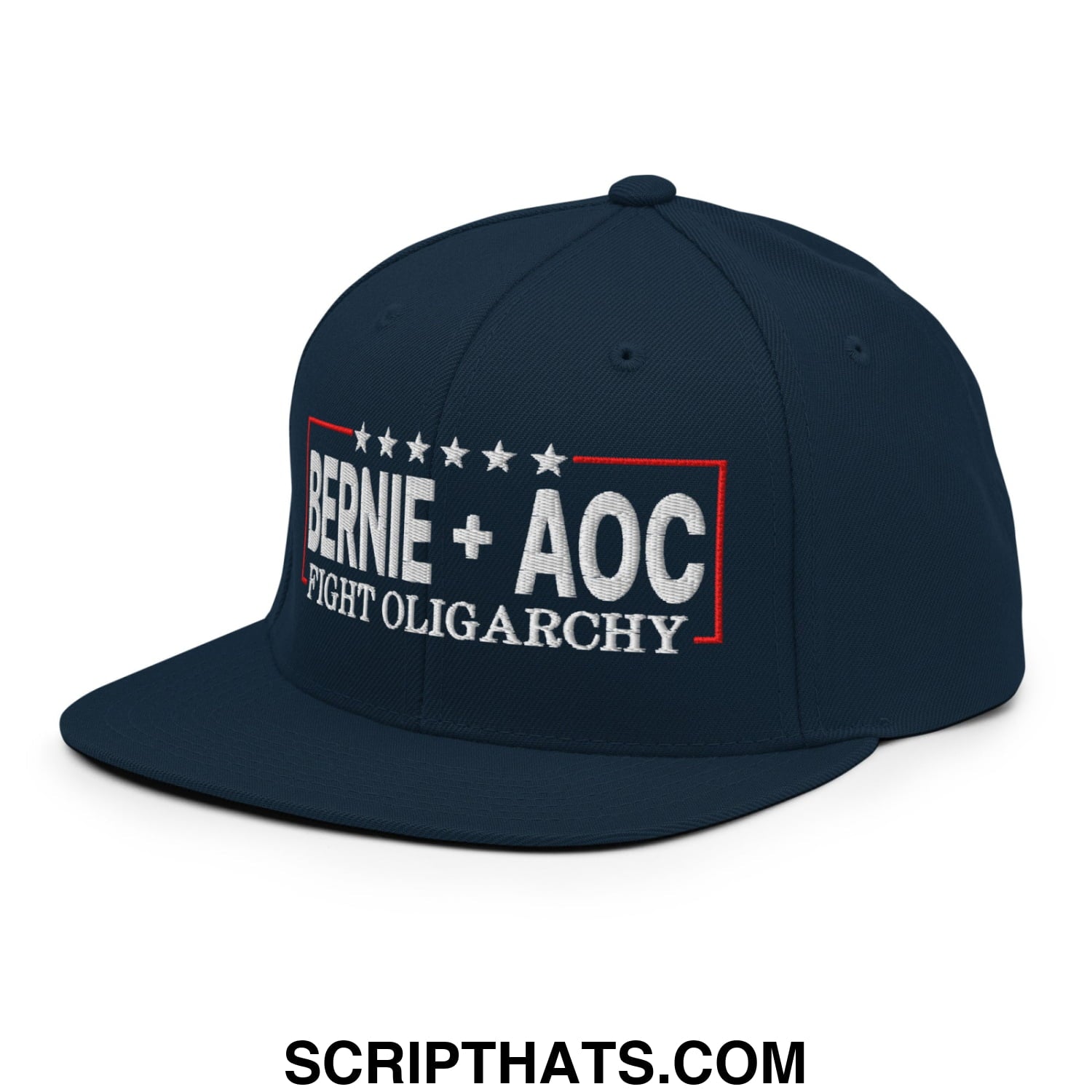 Bernie + AOC Fight Oligarchy Embroidered Flat Bill Brim Snapback Hat Dark Navy