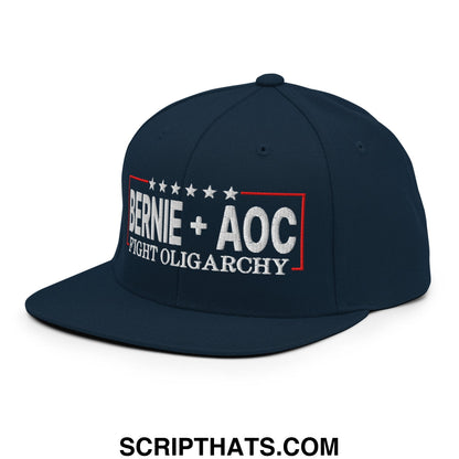 Bernie + AOC Fight Oligarchy Embroidered Flat Bill Brim Snapback Hat Dark Navy