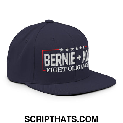Bernie + AOC Fight Oligarchy Embroidered Flat Bill Brim Snapback Hat Navy