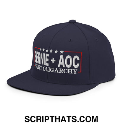 Bernie + AOC Fight Oligarchy Embroidered Flat Bill Brim Snapback Hat Navy