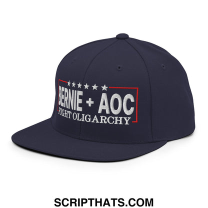 Bernie + AOC Fight Oligarchy Embroidered Flat Bill Brim Snapback Hat Navy