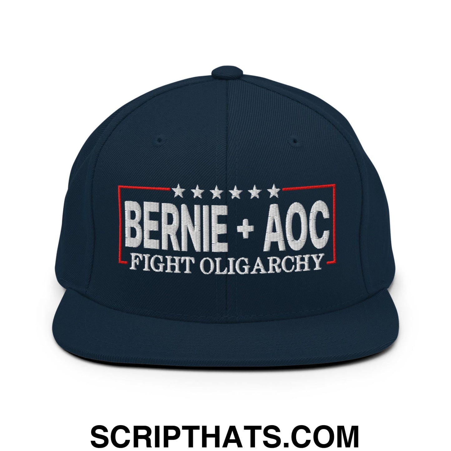 Bernie + AOC Fight Oligarchy Embroidered Flat Bill Brim Snapback Hat Dark Navy