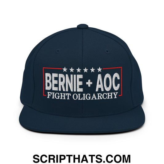 Bernie + AOC Fight Oligarchy Embroidered Flat Bill Brim Snapback Hat Dark Navy