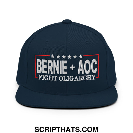 Bernie + AOC Fight Oligarchy Embroidered Flat Bill Brim Snapback Hat Dark Navy