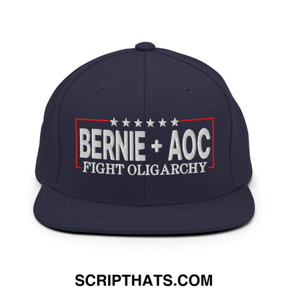 Bernie + AOC Fight Oligarchy Embroidered Flat Bill Brim Snapback Hat Navy