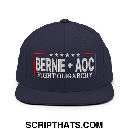 Bernie + AOC Fight Oligarchy Embroidered Flat Bill Brim Snapback Hat Navy