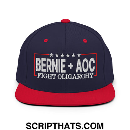 Bernie + AOC Fight Oligarchy Embroidered Flat Bill Brim Snapback Hat Navy Red