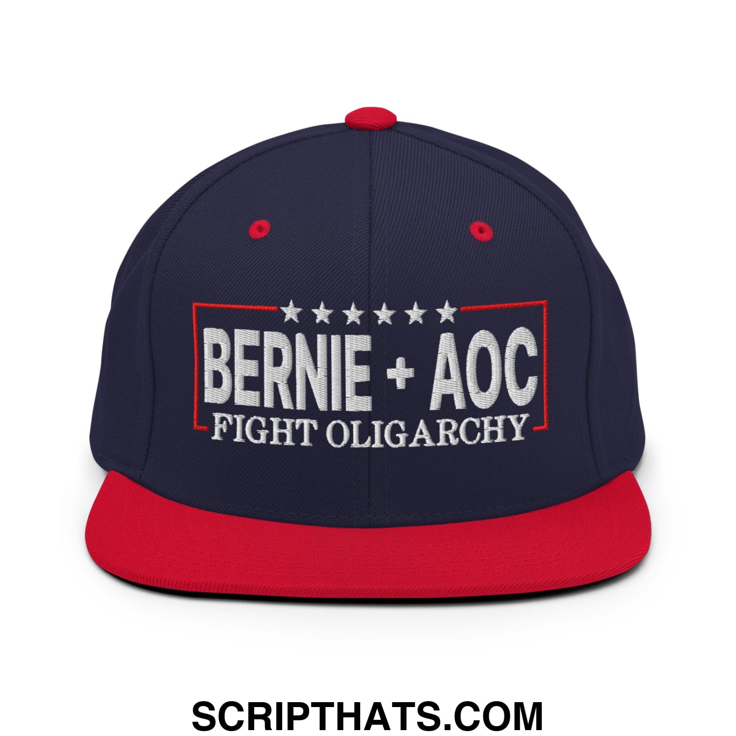 Bernie + AOC Fight Oligarchy Embroidered Flat Bill Brim Snapback Hat Navy Red