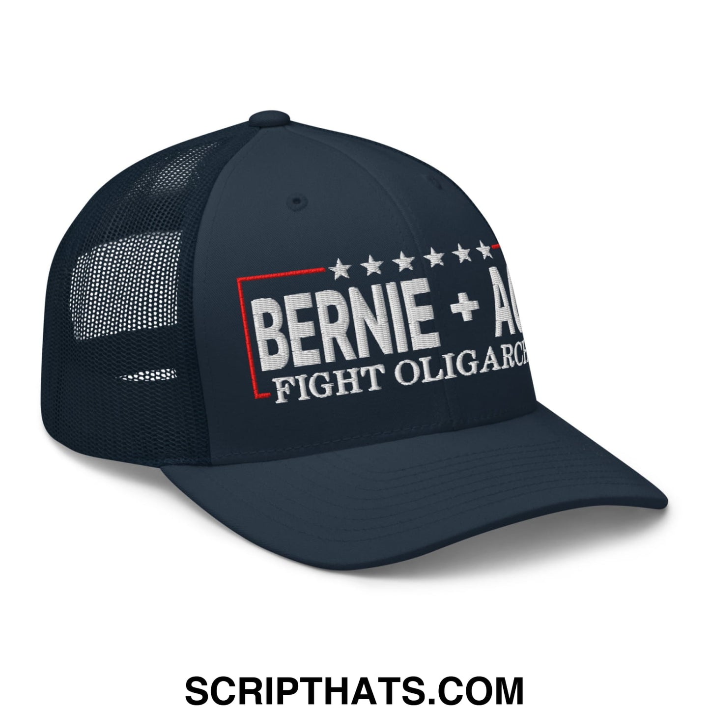 Bernie + AOC Fight Oligarchy Embroidered Mesh Trucker Hat Navy