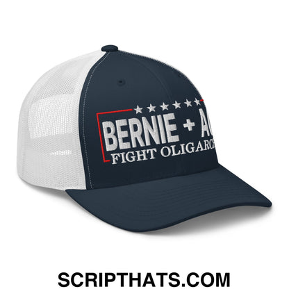 Bernie + AOC Fight Oligarchy Embroidered Mesh Trucker Hat Navy White