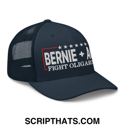 Bernie + AOC Fight Oligarchy Embroidered Mesh Trucker Hat Navy