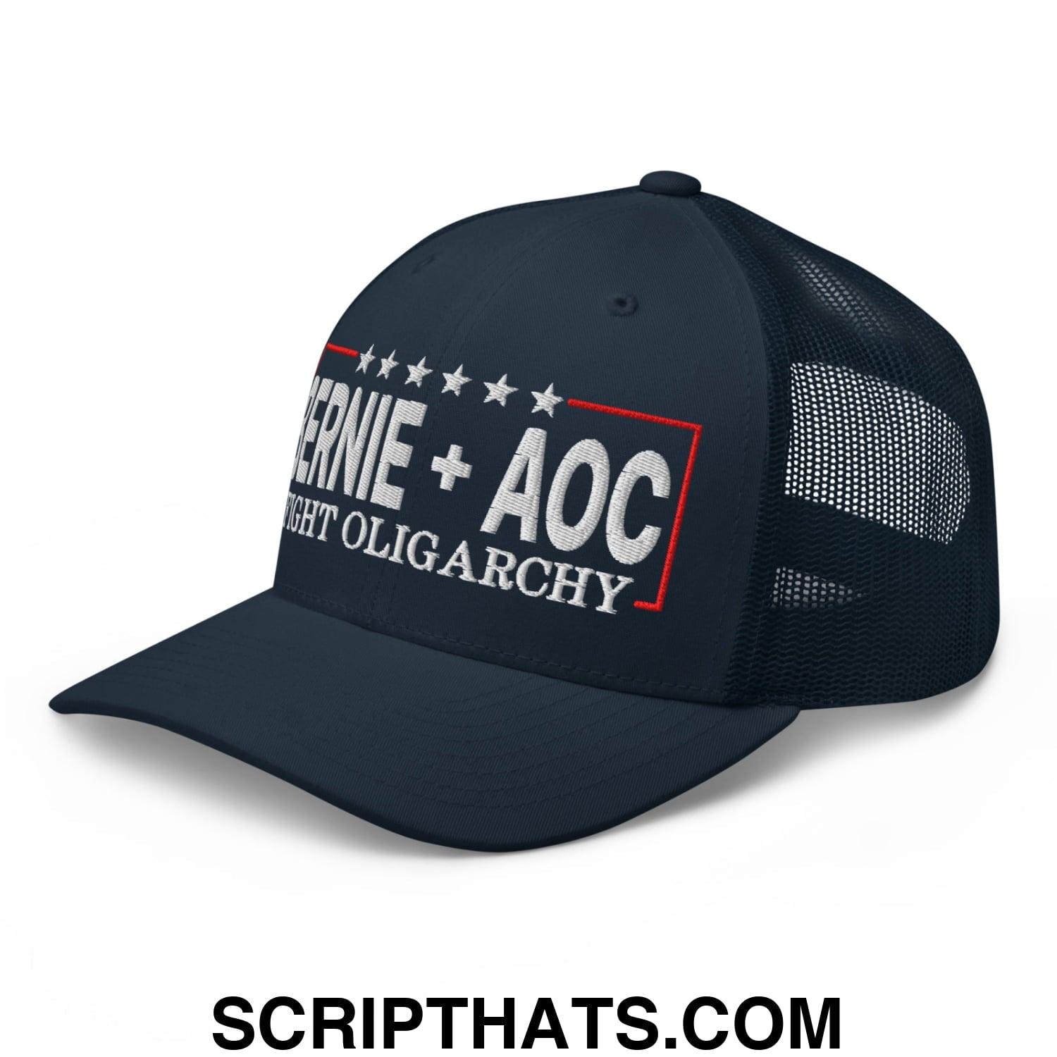 Bernie + AOC Fight Oligarchy Embroidered Mesh Trucker Hat Navy