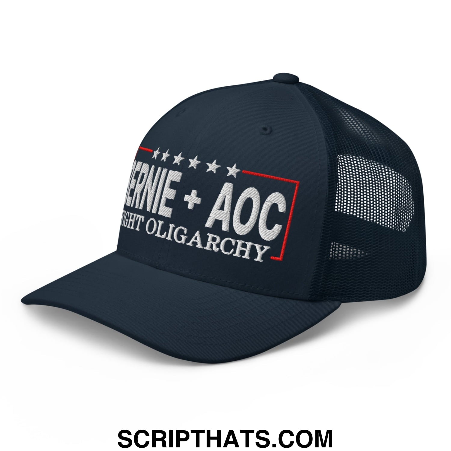 Bernie + AOC Fight Oligarchy Embroidered Mesh Trucker Hat Navy