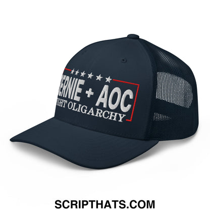 Bernie + AOC Fight Oligarchy Embroidered Mesh Trucker Hat Navy