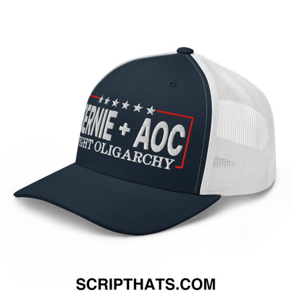 Bernie + AOC Fight Oligarchy Embroidered Mesh Trucker Hat Navy White