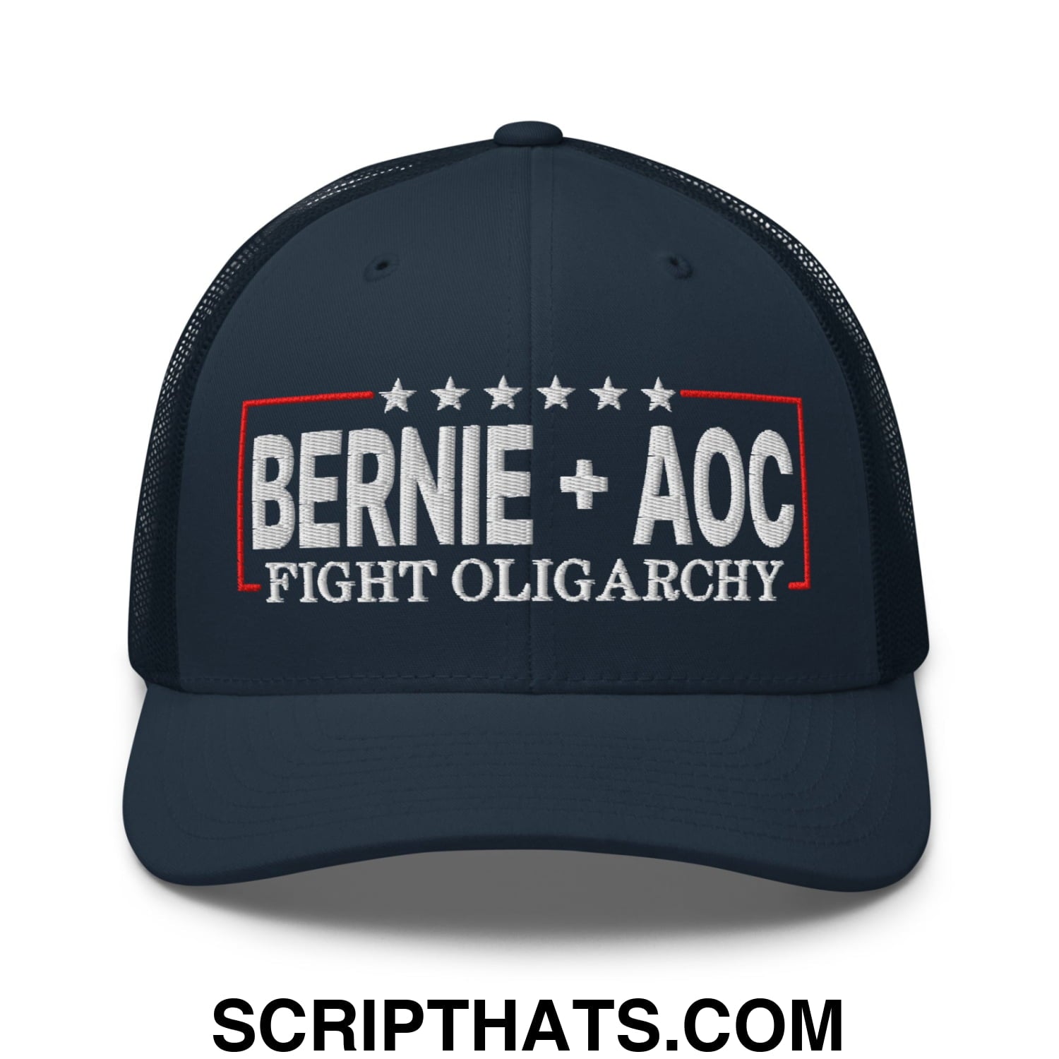Bernie + AOC Fight Oligarchy Embroidered Mesh Trucker Hat Navy