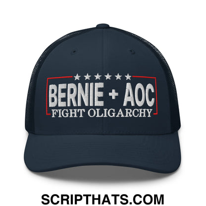 Bernie + AOC Fight Oligarchy Embroidered Mesh Trucker Hat Navy