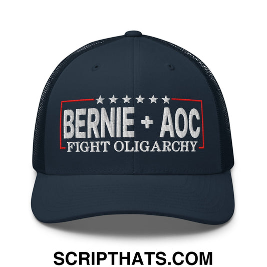 Bernie + AOC Fight Oligarchy Embroidered Mesh Trucker Hat Navy