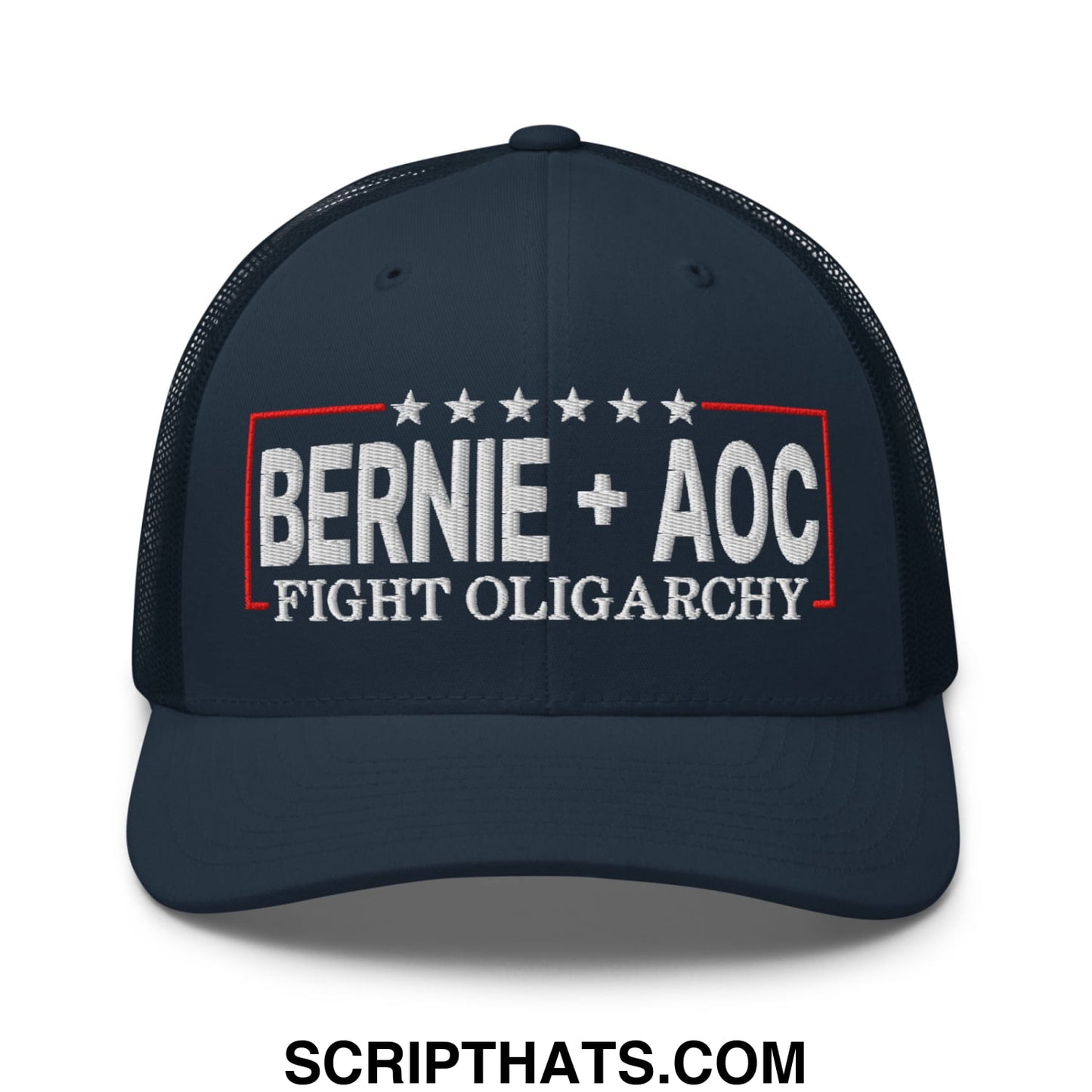Bernie + AOC Fight Oligarchy Embroidered Mesh Trucker Hat Navy