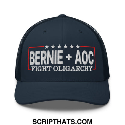 Bernie + AOC Fight Oligarchy Embroidered Mesh Trucker Hat Navy