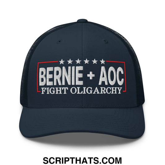 Bernie + AOC Fight Oligarchy Embroidered Mesh Trucker Hat Navy
