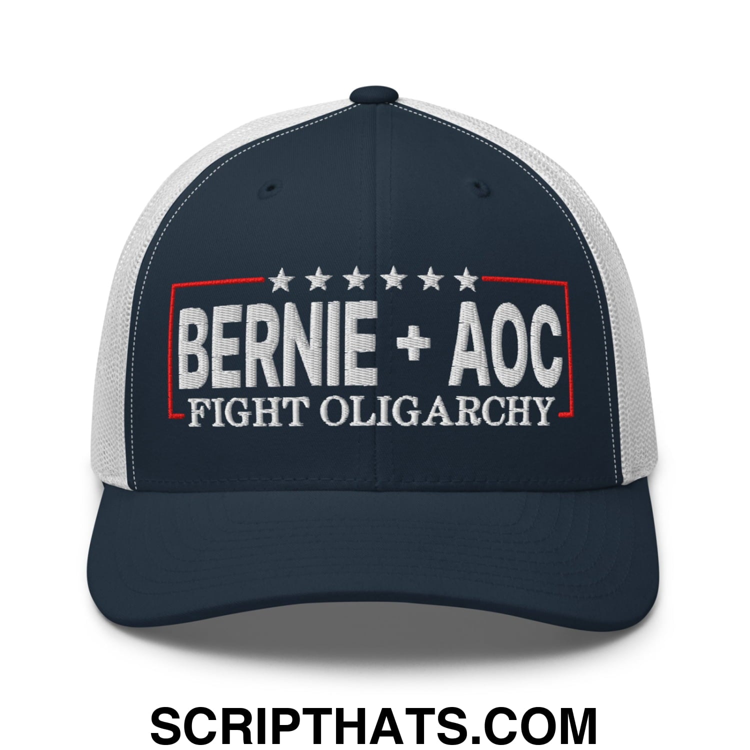 Bernie + AOC Fight Oligarchy Embroidered Mesh Trucker Hat Navy White