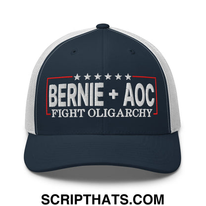 Bernie + AOC Fight Oligarchy Embroidered Mesh Trucker Hat Navy White