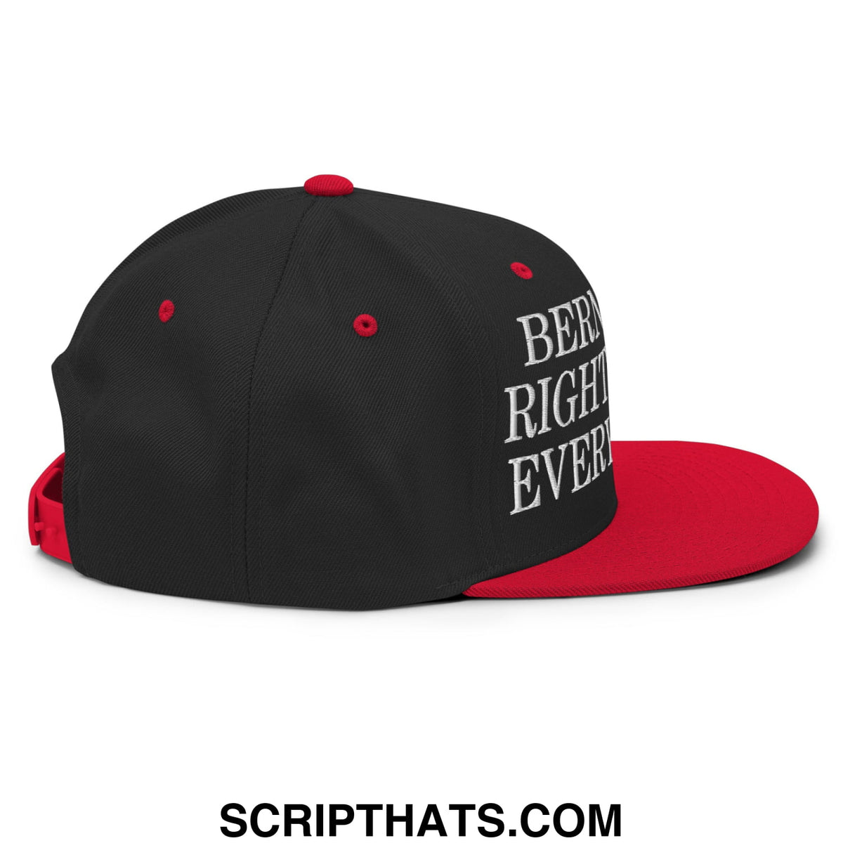 Black and red snapback hat with white embroidered bernie was right about everything text on the side