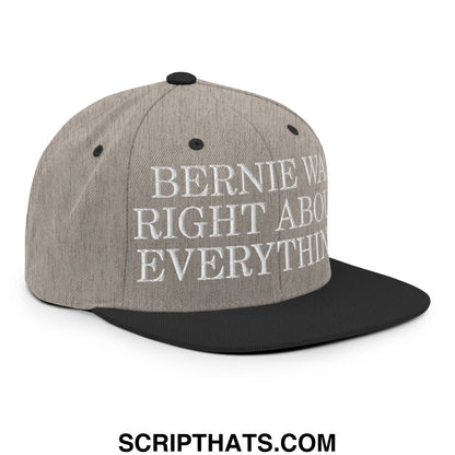 Gray and black snapback hat with white embroidered bernie was right about everything text and flat bill brim