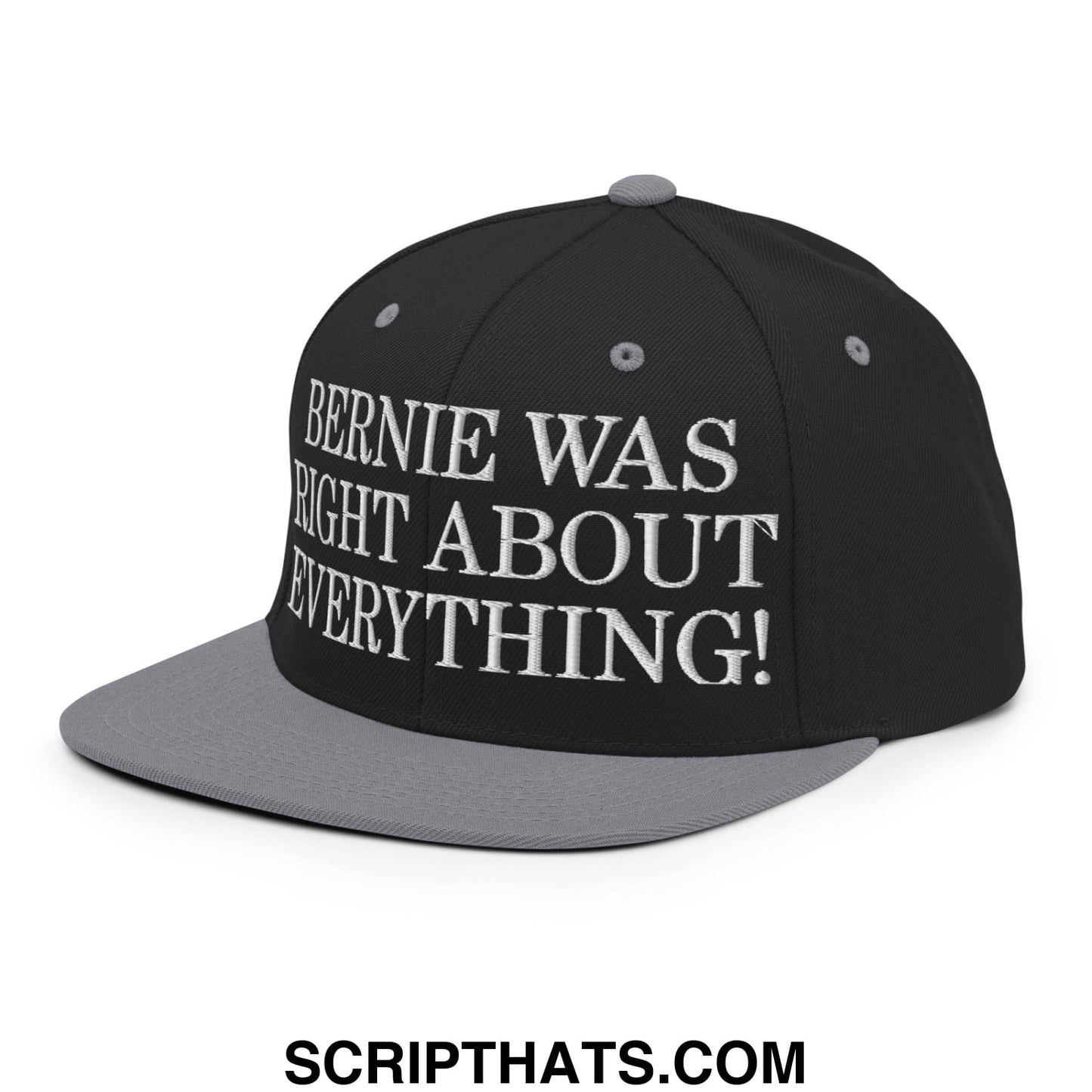 Black and gray snapback cap with white embroidered text bernie was right about everything flat bill brim hat