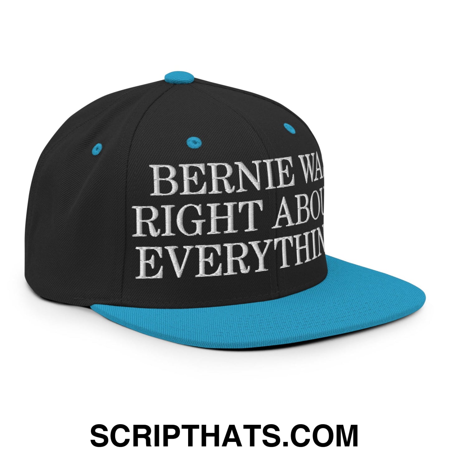 Bernie Was Right About Everything! Embroidered Flat Bill Brim Snapback Hat Black Teal