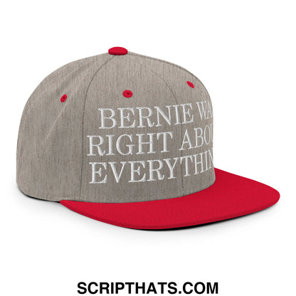Gray and red snapback cap with white embroidered text bernie was right about everything flat bill brim design