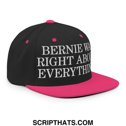 Black and pink snapback cap with white embroidered text bernie was right about everything flat bill brim hat