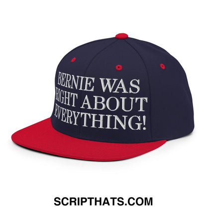 Navy blue and red snapback hat with white embroidered text bernie was right about everything flat bill brim