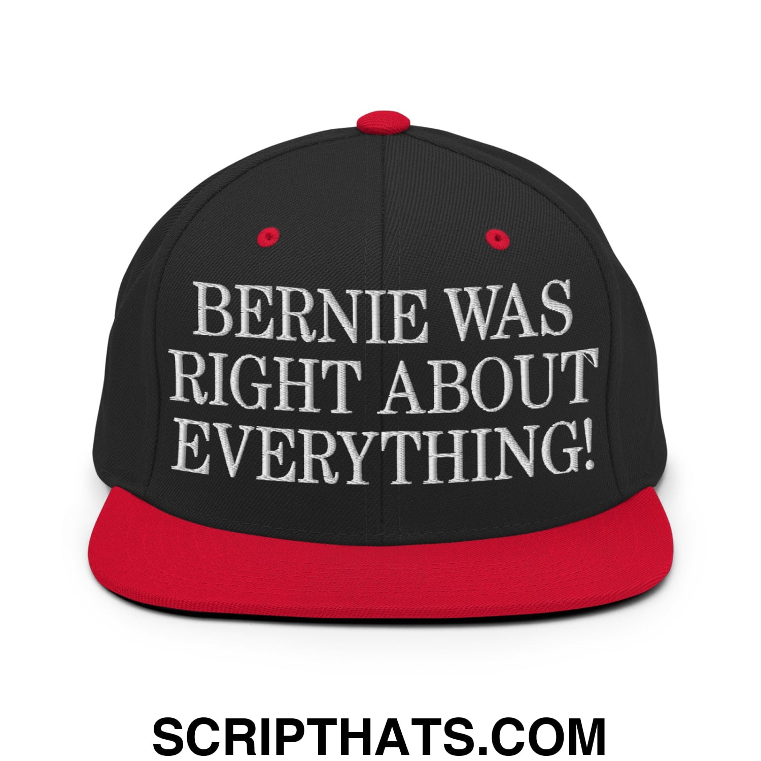 Bernie Was Right About Everything! Embroidered Flat Bill Brim Snapback Hat Black Red