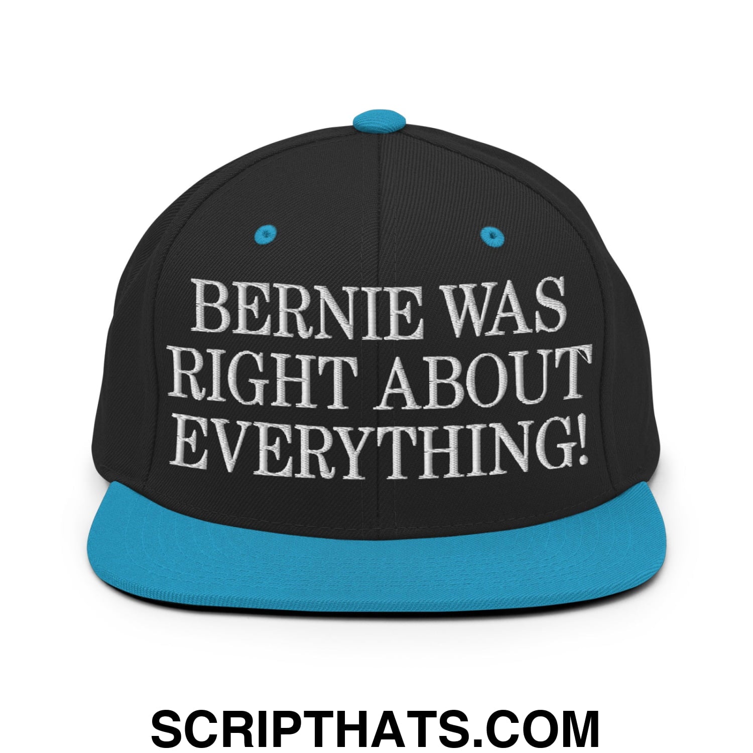 Bernie Was Right About Everything! Embroidered Flat Bill Brim Snapback Hat Black Teal