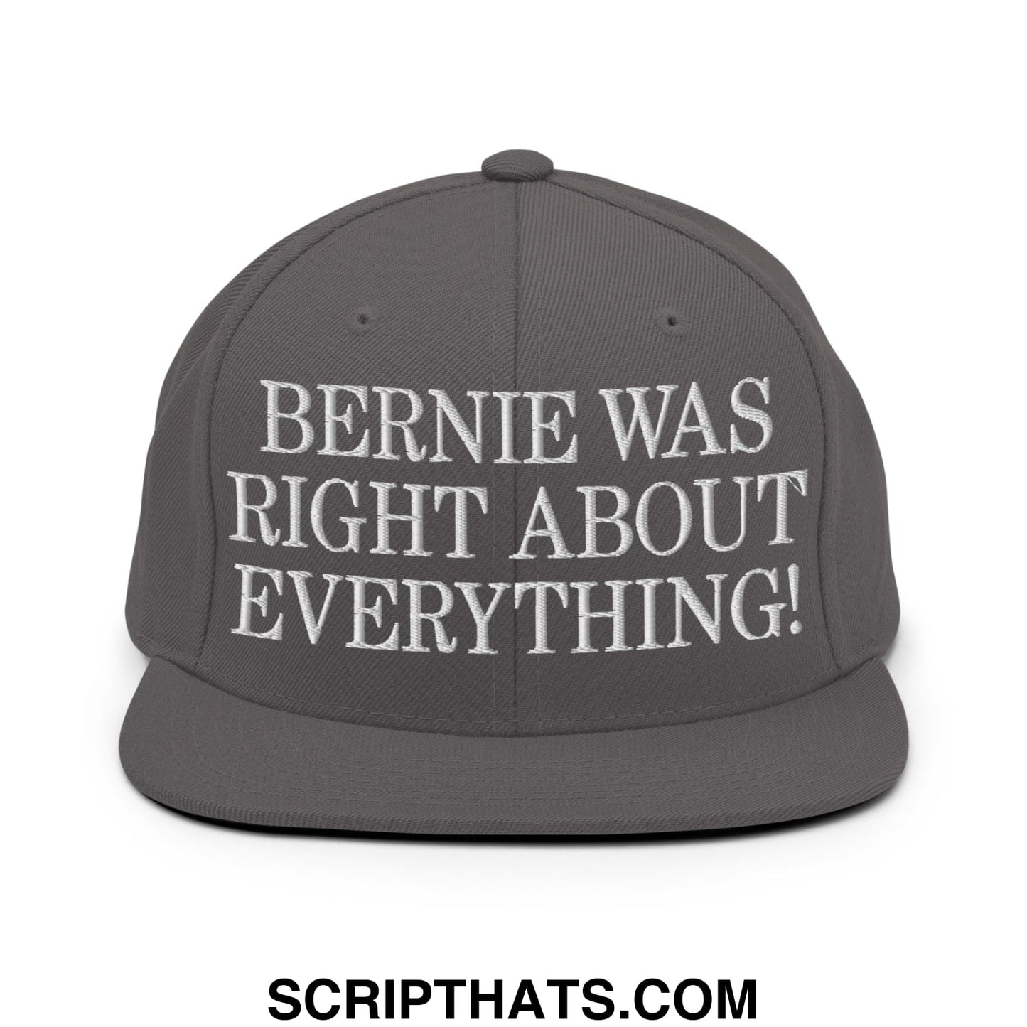 A dark gray snapback hat with white embroidered text reading bernie was right about everything flat bill brim