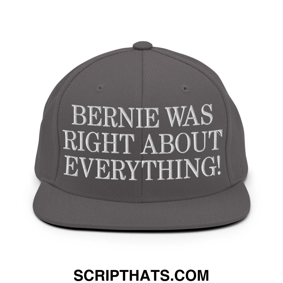 A dark gray snapback hat with white embroidered text reading bernie was right about everything flat bill brim