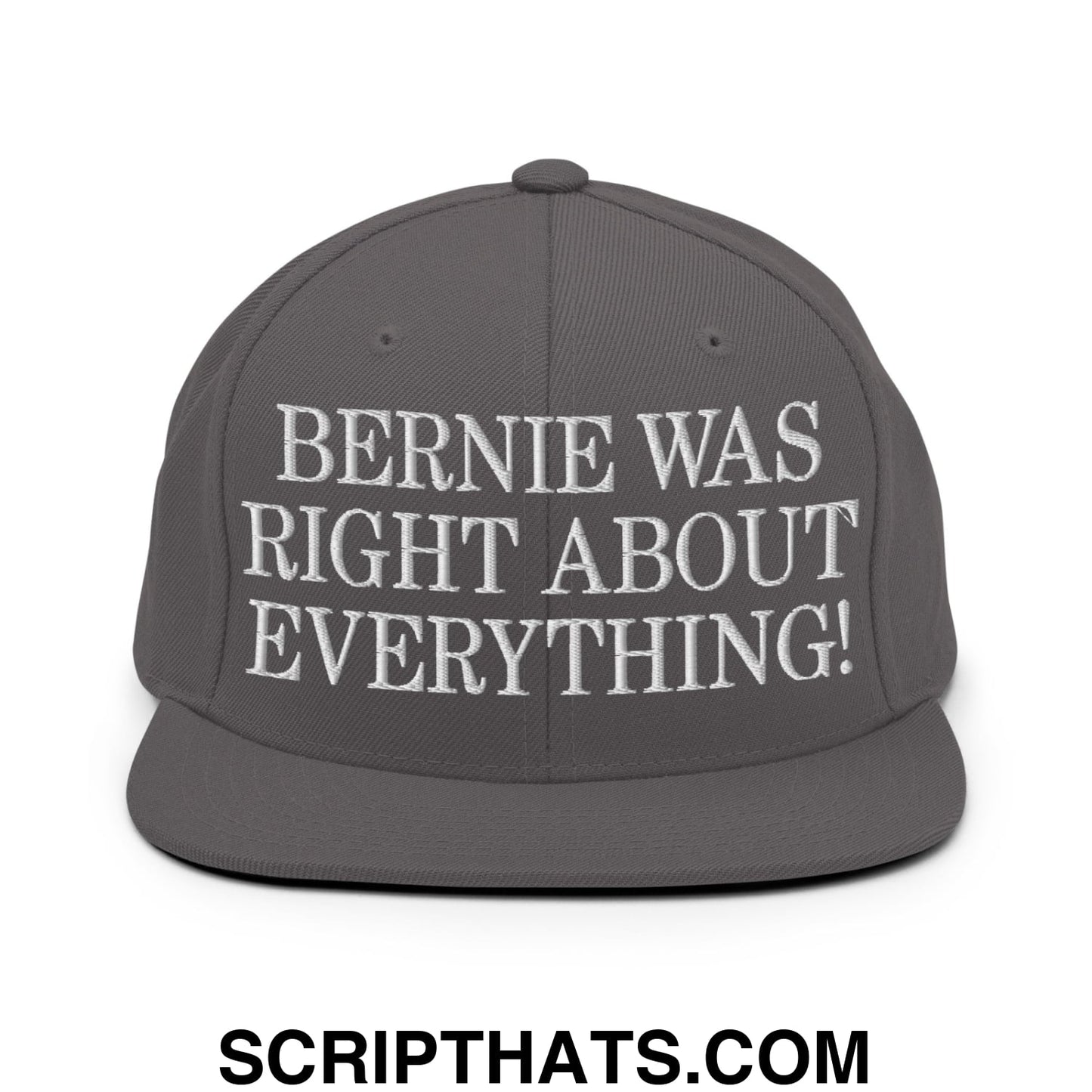 Bernie Was Right About Everything! Embroidered Flat Bill Brim Snapback Hat Dark Grey