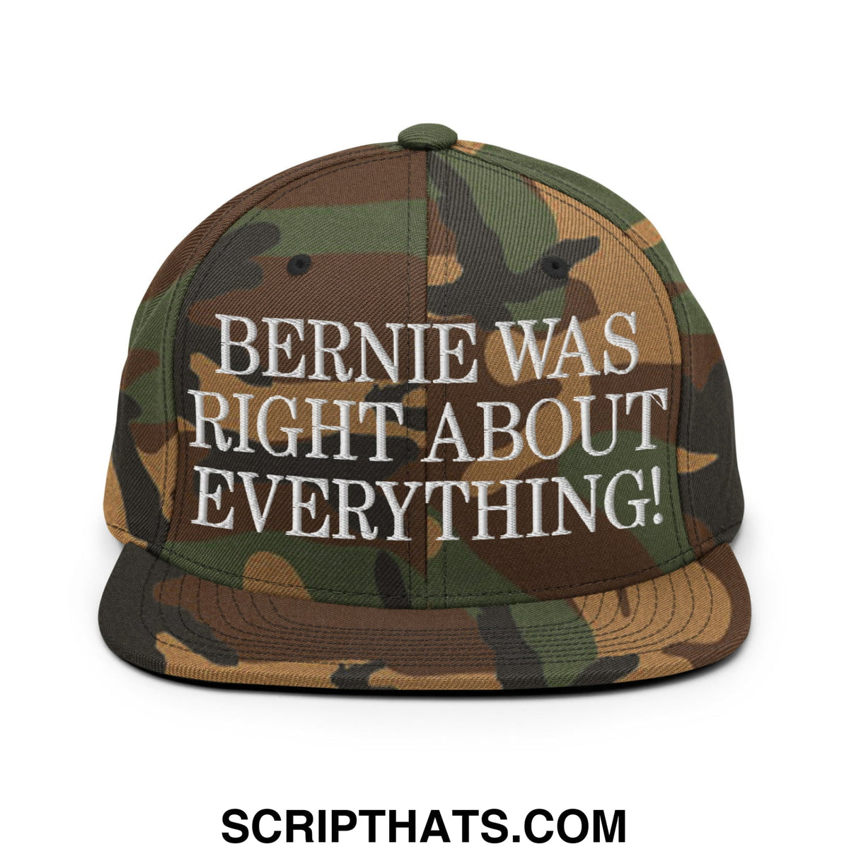 Camouflage-patterned snapback cap with white embroidered text bernie was right about everything flat bill brim