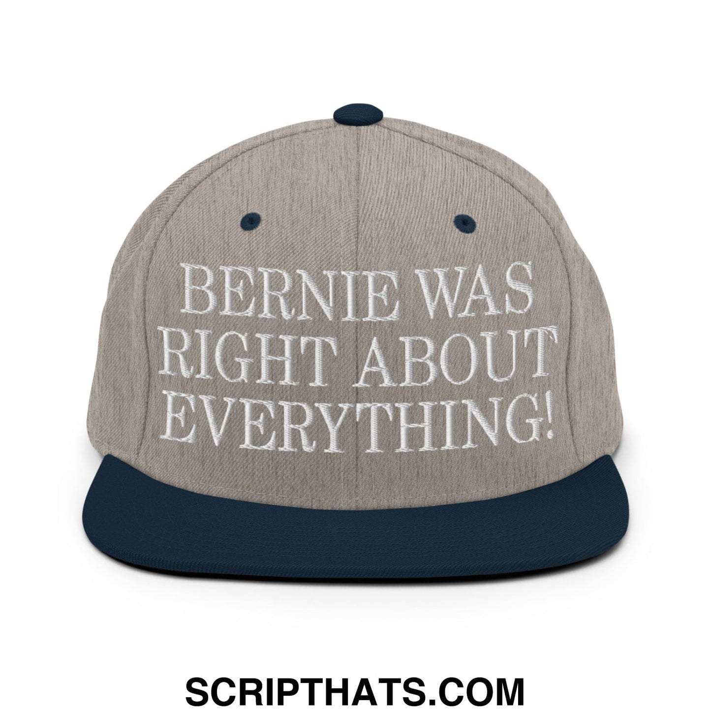 Beige and navy blue snapback hat with white embroidered text bernie was right about everything flat bill brim