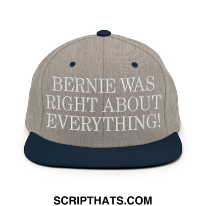 Beige and navy blue snapback hat with white embroidered text bernie was right about everything flat bill brim