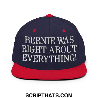Navy blue and red snapback cap with white embroidered bernie was right about everything text and flat bill brim