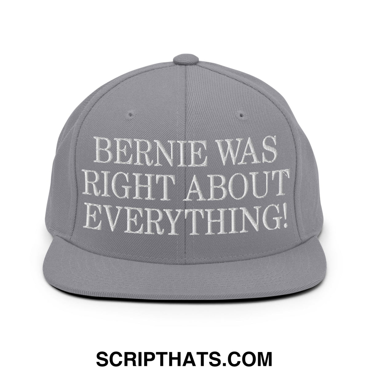 Gray flat bill snapback hat with white embroidered bernie was right about everything text on the front
